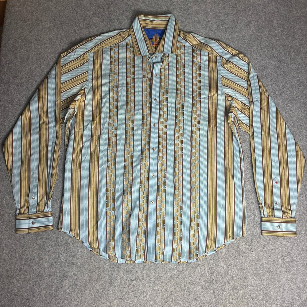Robert Graham Button Down Shirt Mens 2XLT Blue Tan Striped Good Embroidered Tall